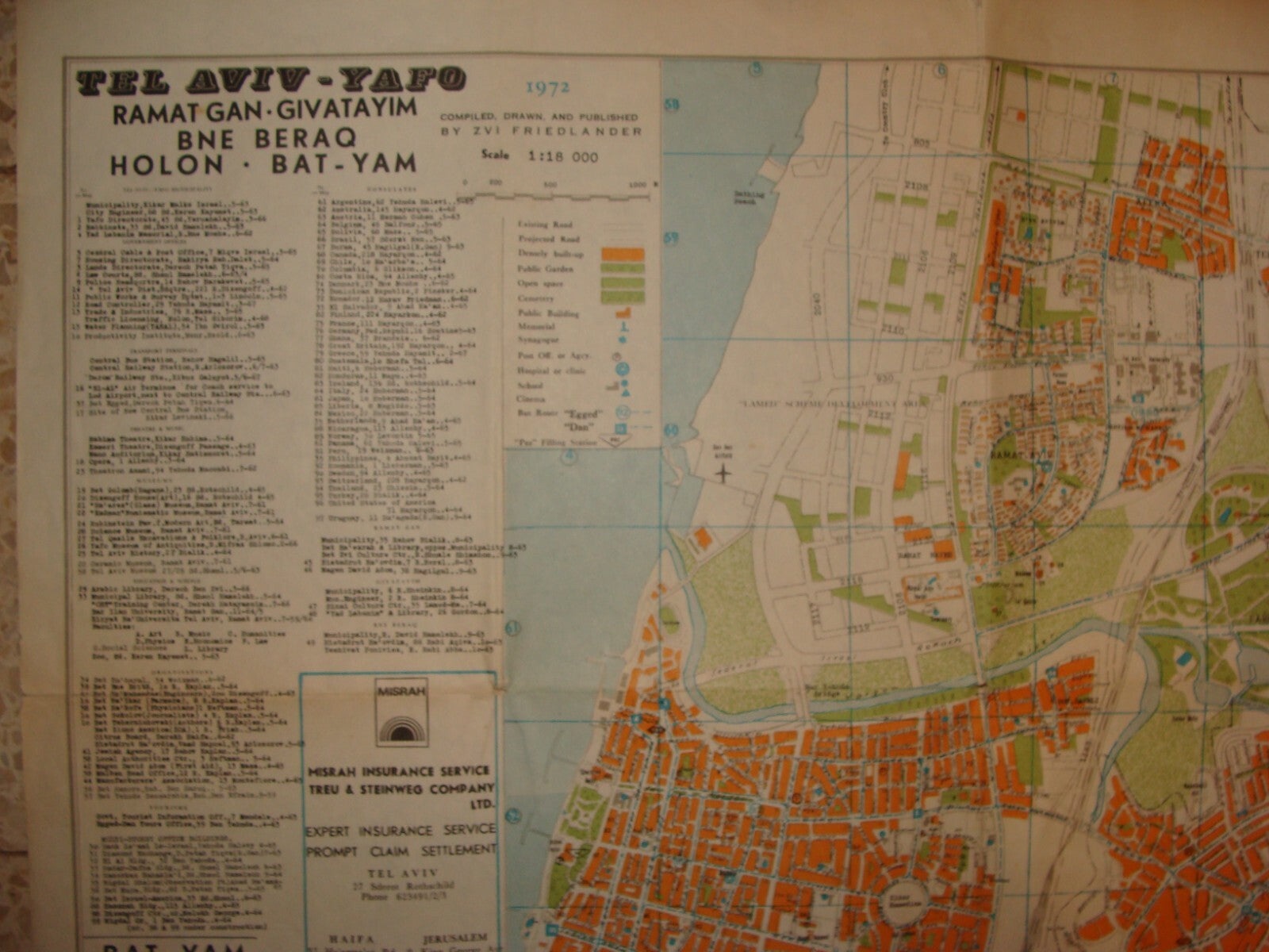 Map Jewish Judaica Israel TEL AVIV JAFFA RAMAT GAN HOLON BNEI BRAK GUSH DAN 1972