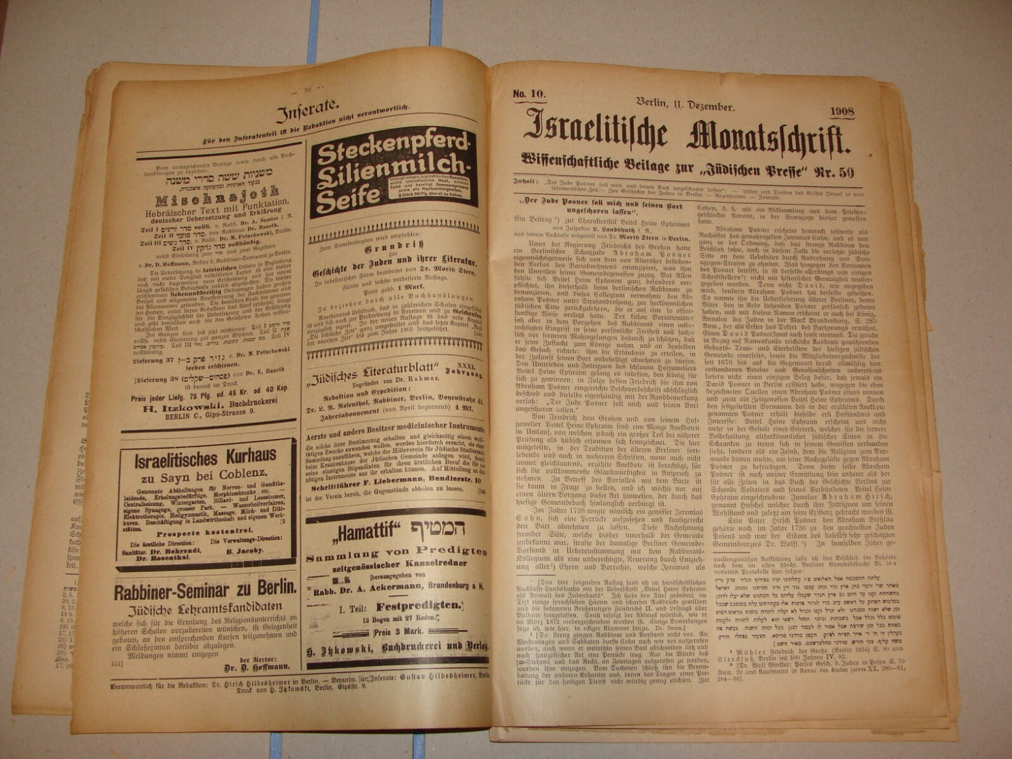 Germany Newspaper Jewish RARE Judaica German   Israelitische Monatsschrift 1908