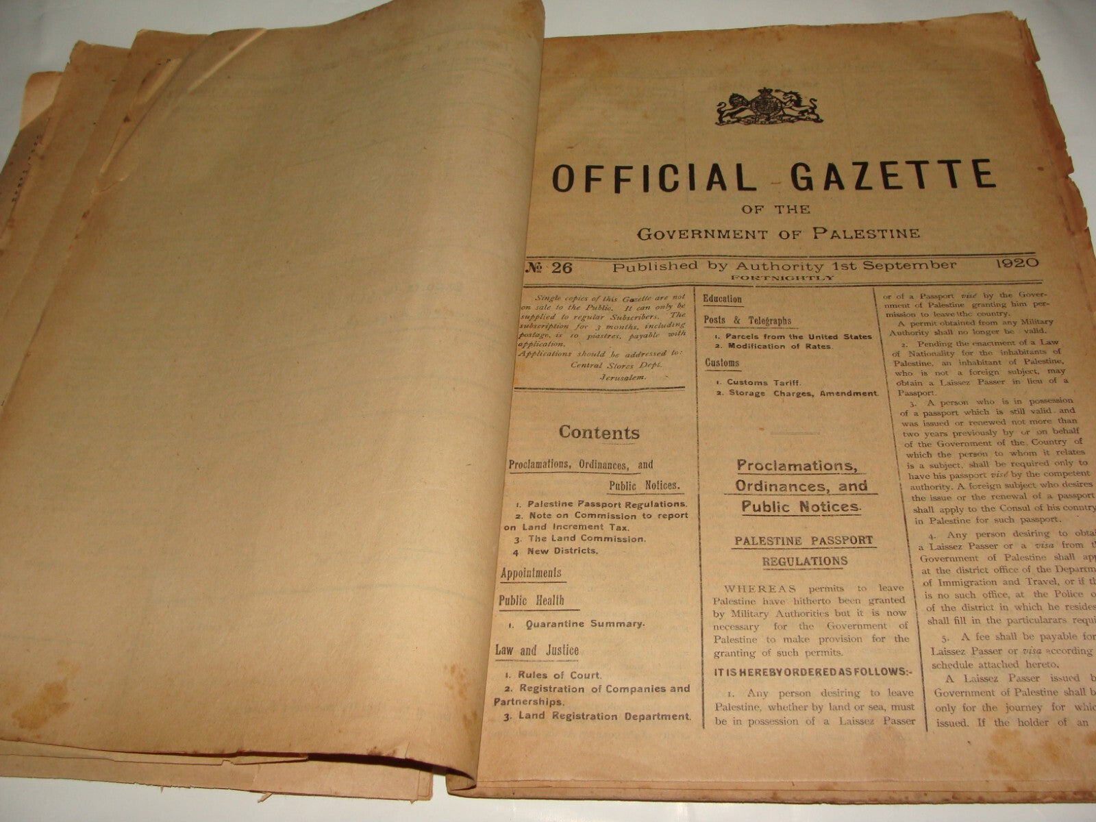 Pol Newspaper Palestine RARE British Government of Gazette OETA SOUTH 1920