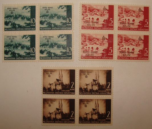 1942 CROATIA Stamp Block Set Yvert 54-56 *NO GUM
