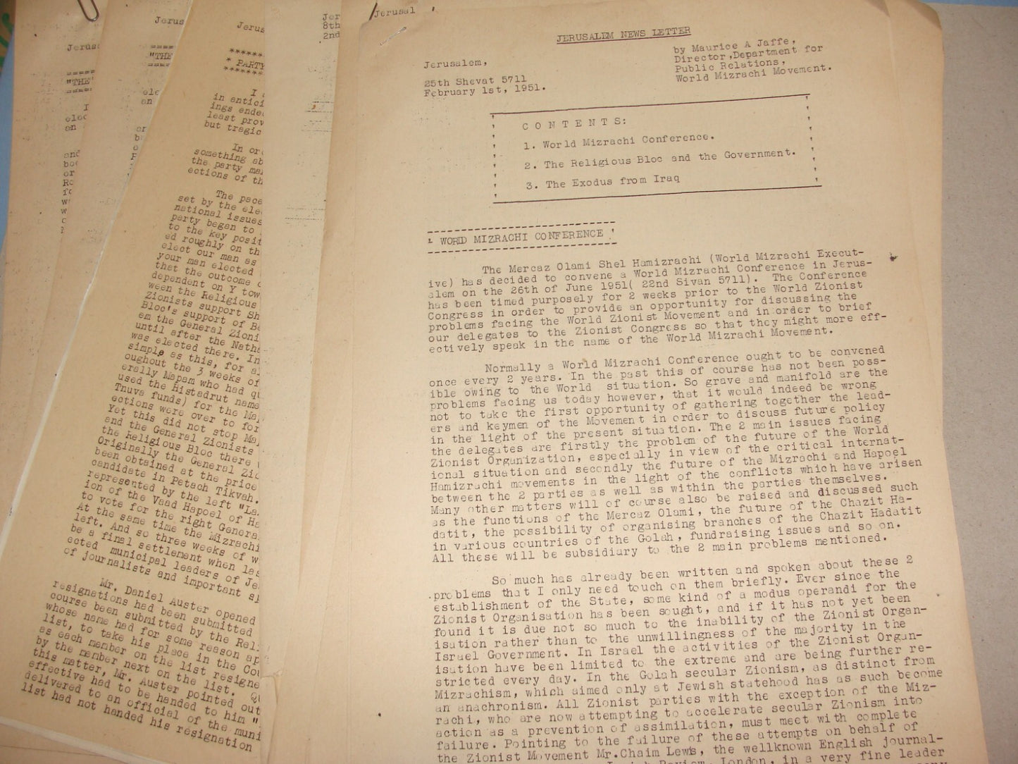 Letter Jewish RARE 1950-51 Israel Rabbi MAURICE JAFFE Jerusalem News x6 Zionist