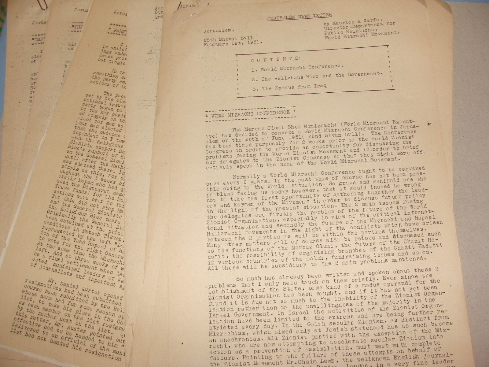 Letter Jewish RARE 1950-51 Israel Rabbi MAURICE JAFFE Jerusalem News x6 Zionist