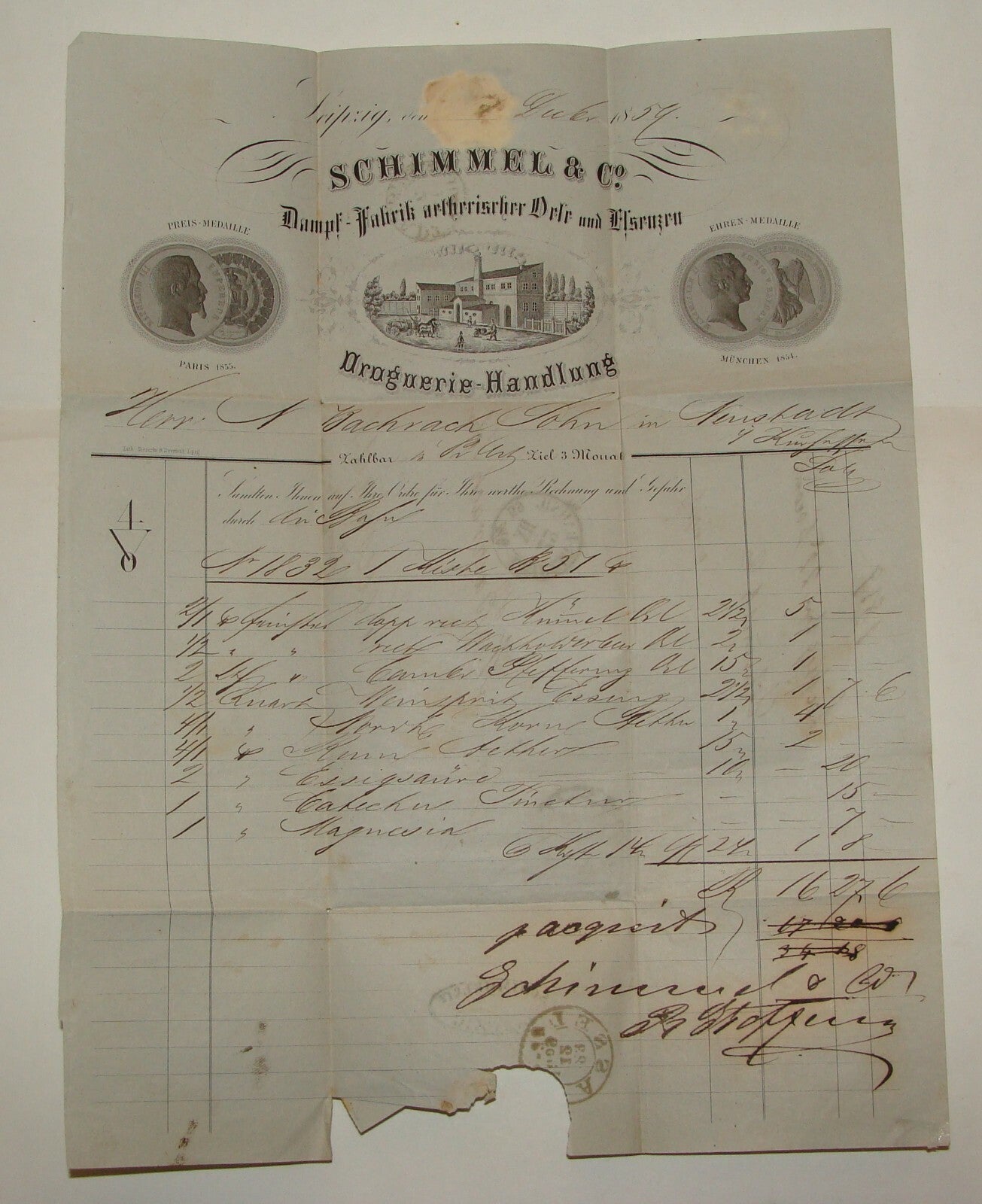 Germany 1859 Leipzig SCHIMMEL & Co Letter Steam Factory Company Stamp