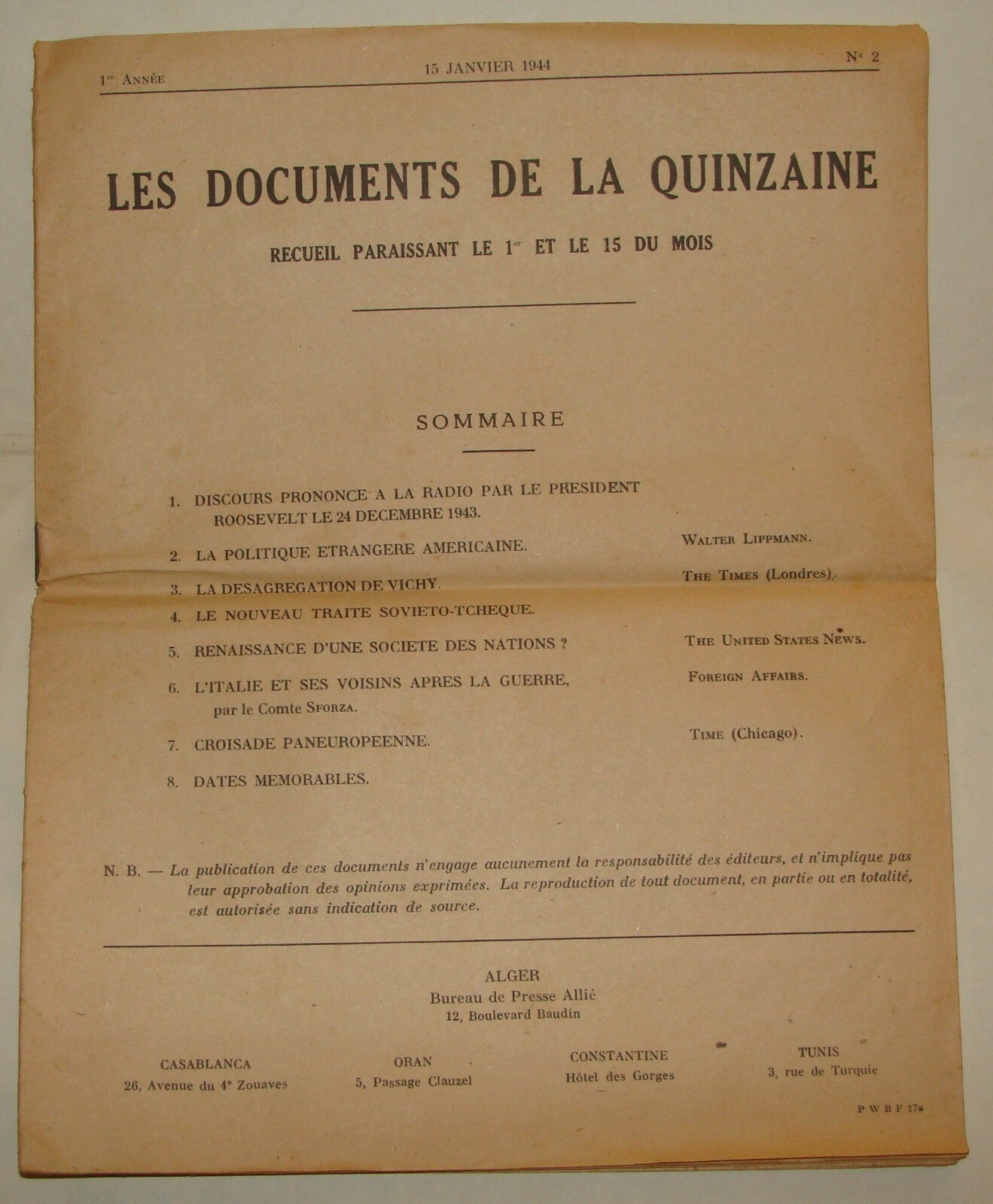 1944 France French WWII Bulletin Les Documents De La Quinzaine Alger Algeria
