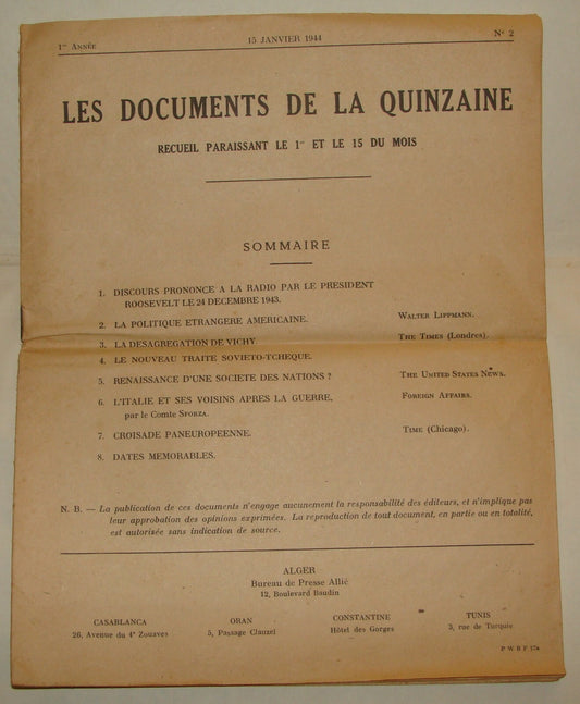 1944 France French WWII Bulletin Les Documents De La Quinzaine Alger Algeria