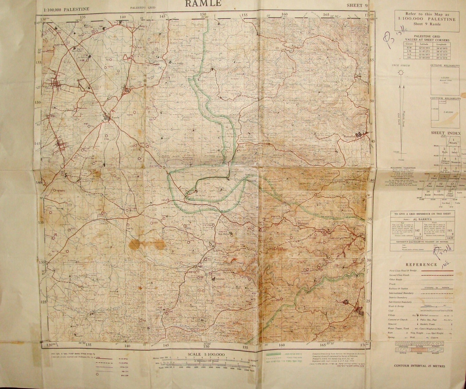 Map Palestine 1952 Israel Israeli RAMLE Ramallah 1949 Green Armistice Line