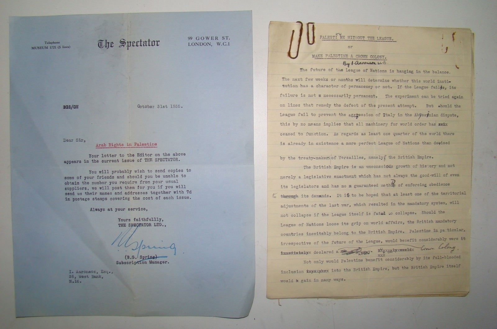 Magazine Palestine 1935 Arab Rights In Problem The Spectator Article Zionist