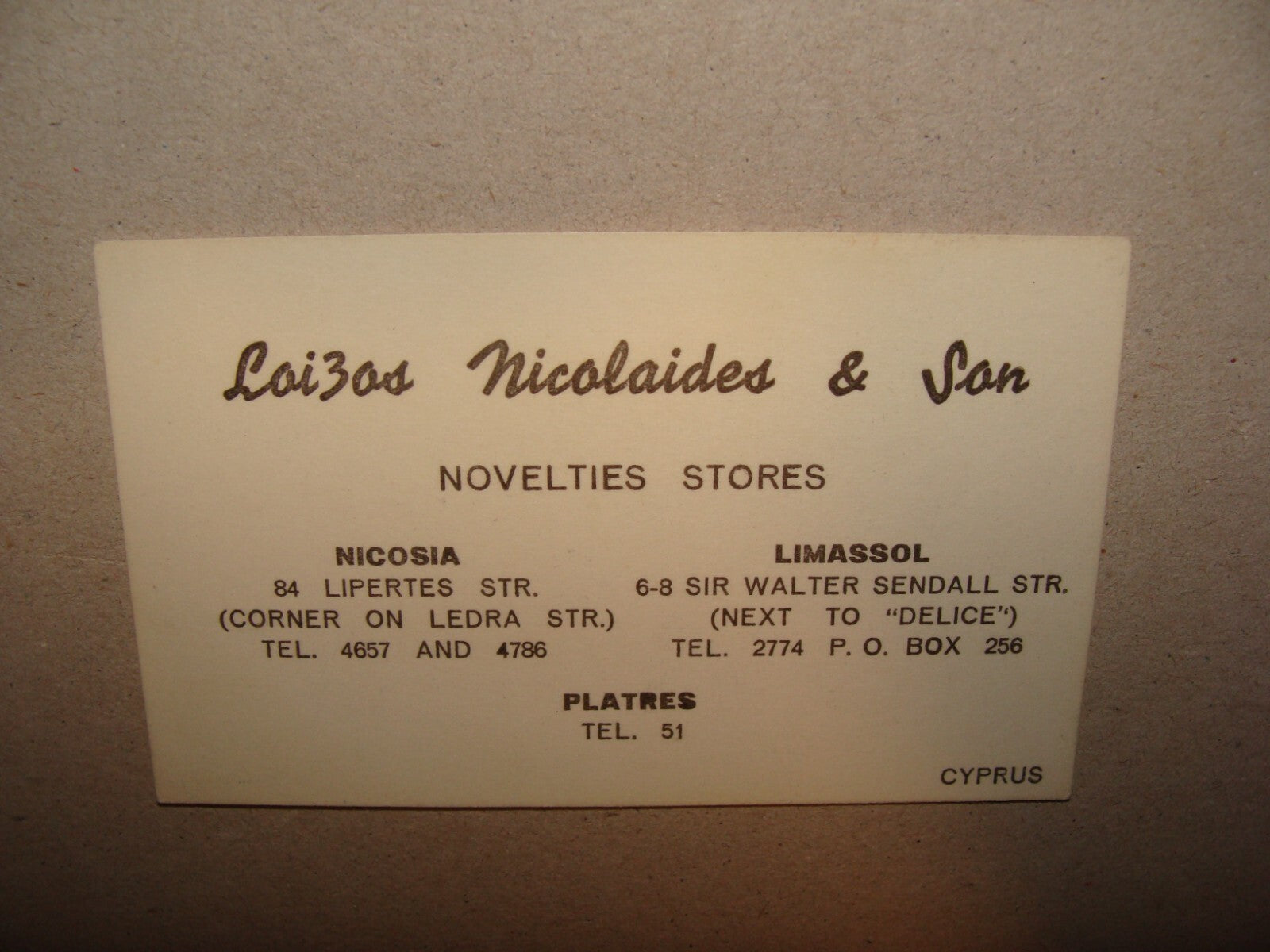 Cyprus Limassol Nicosia Business Card NICOLAIDES & SON Novelties Stores