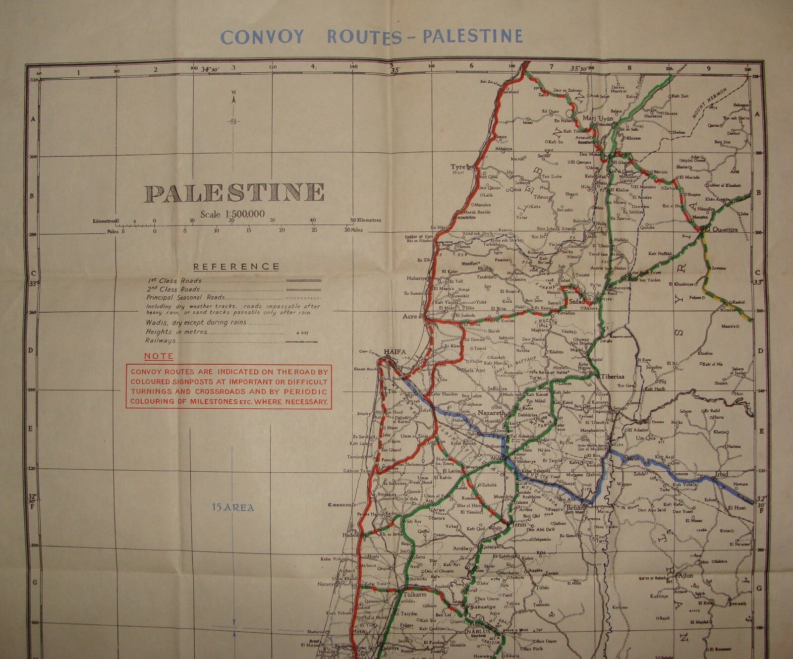 RARE 1945 WWII British Army Military Palestine Israel CONVOY ROUTES Map