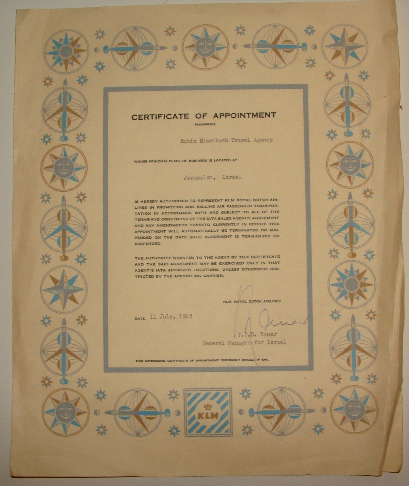 1963 KLM Netherlands Dutch Airlines Certificate of Appointment Israel Jerusalem
