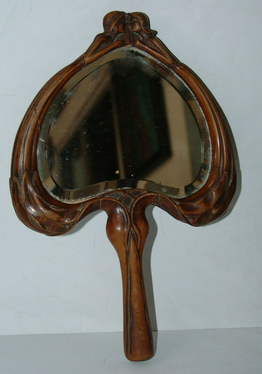 Antique Art Nouveau wooden engraved Art Deco Hand Mirror women carved