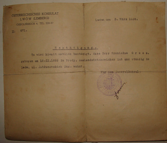 Letter Jewish Jewish 1938 Austria Consul Certificate Signed Stamp Lwow German
