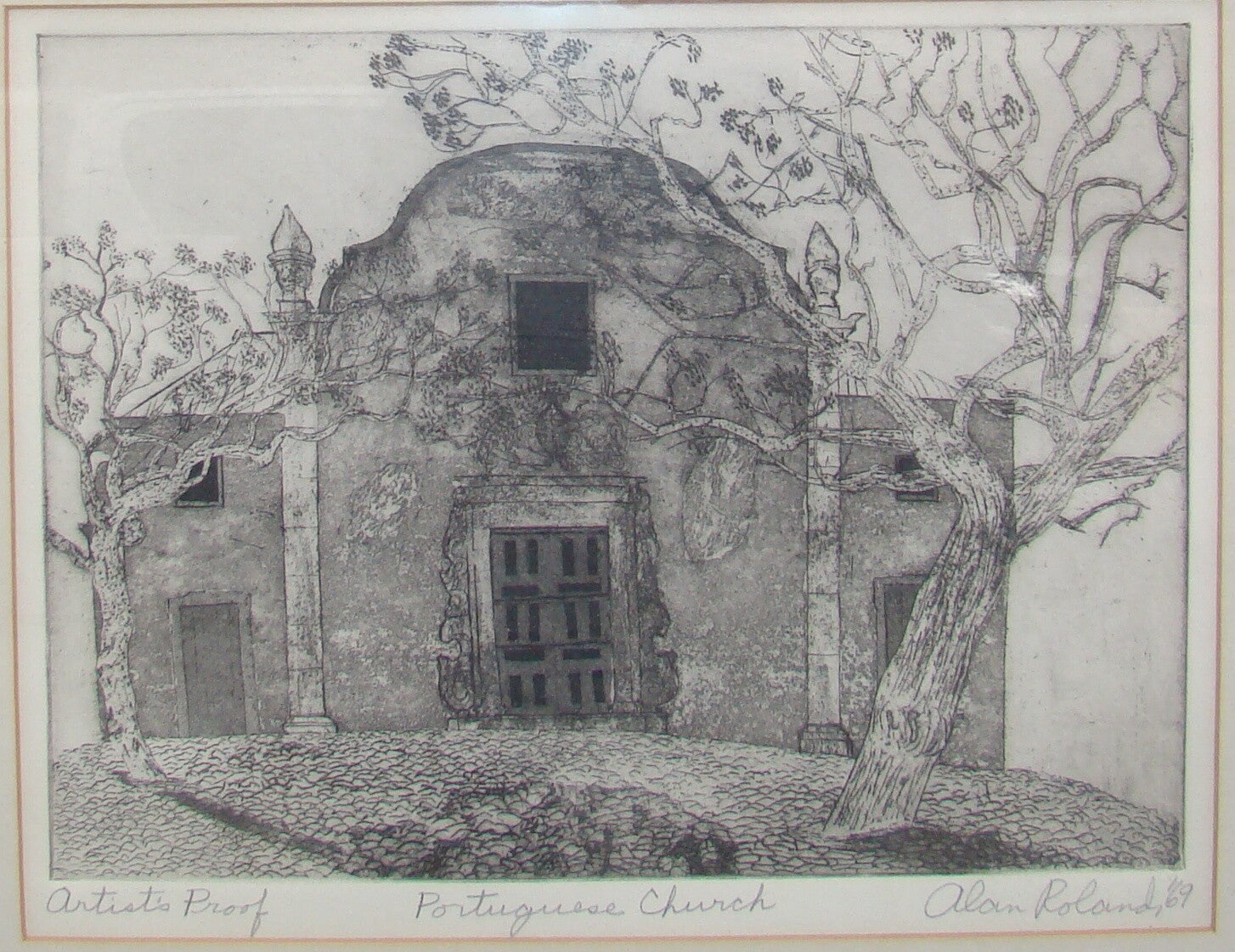 Portuguese Church Etching Engraving Signed Alan Roland ? 69