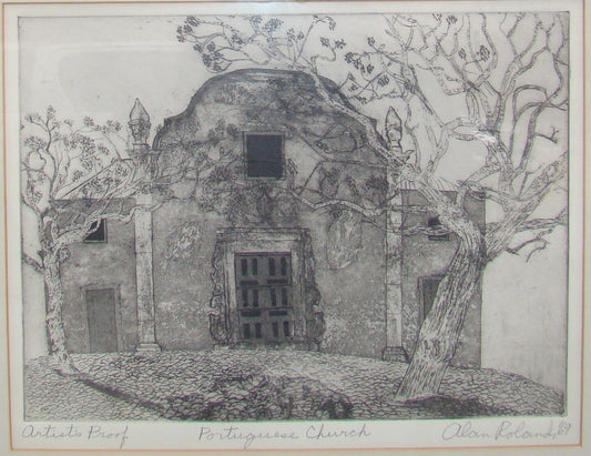 Portuguese Church Etching Engraving Signed Alan Roland ? 69