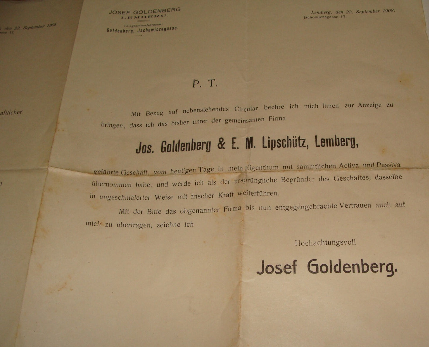 Germany Jewish Judaica 1908 German   Ukraine Lemberg JOSEF GOLDENBERG LIPSCHUTZ