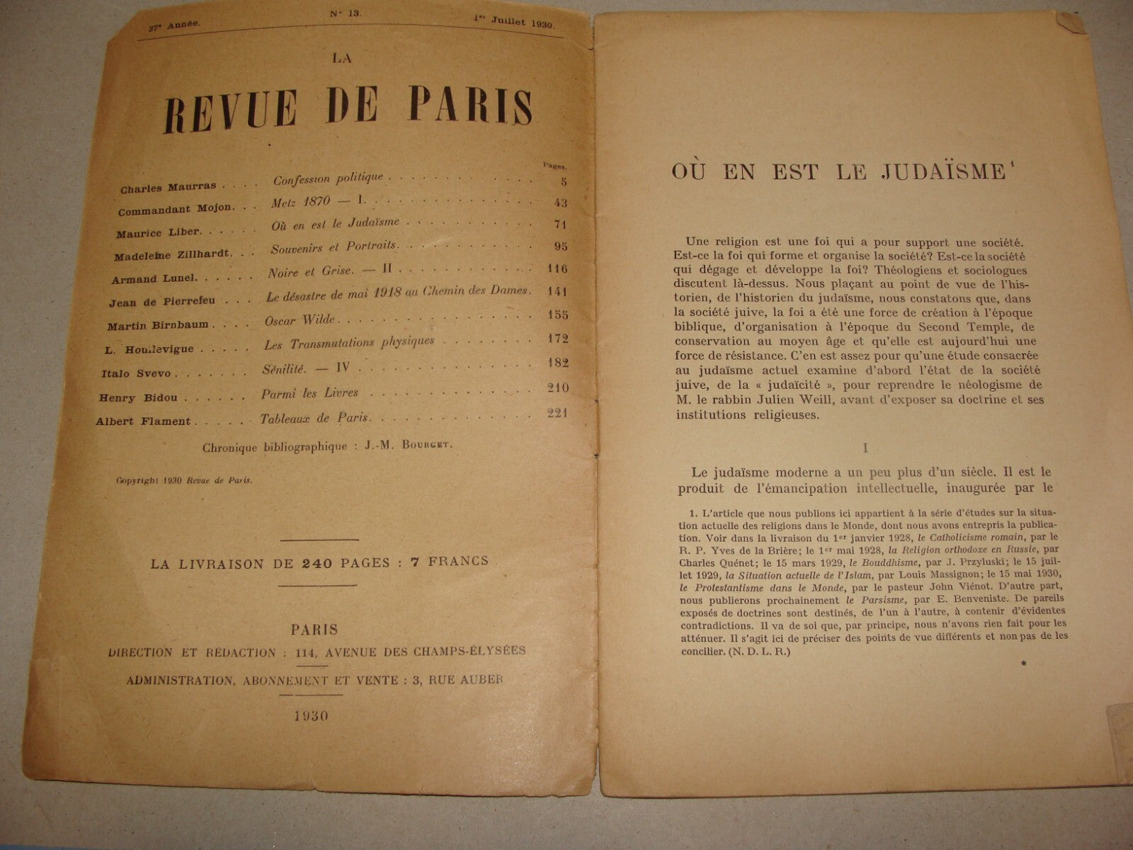 Booklet Jewish Judaica France French LA REVUE DE PARIS Rabbi Maurice Liber