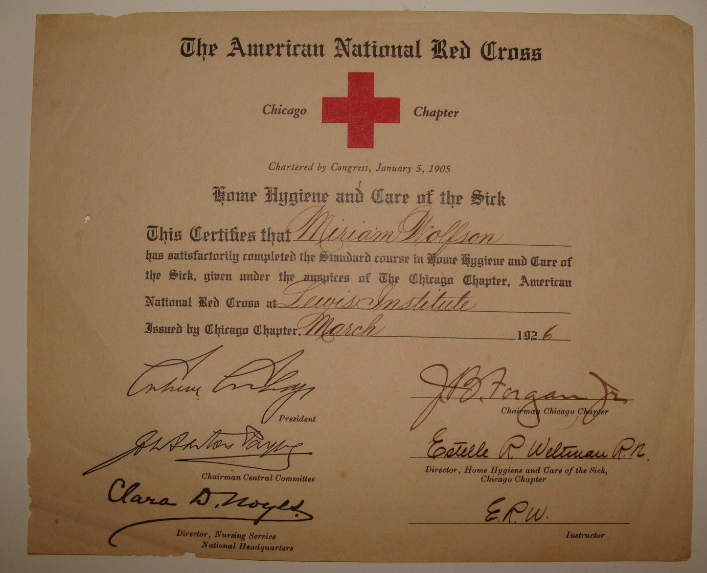 1926 American National Red Cross Certificate Hygiene Course Chicago Chapter