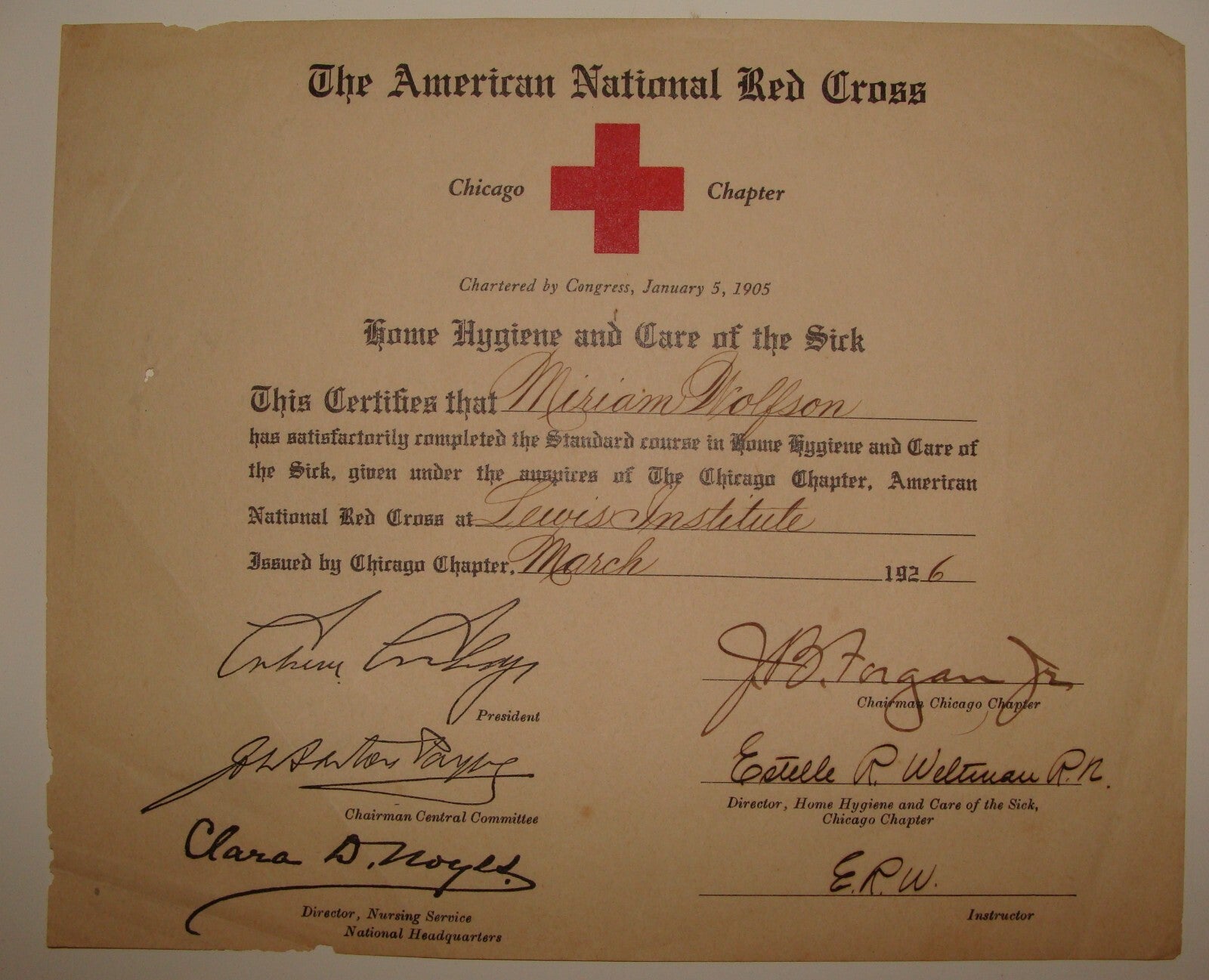 1926 American National Red Cross Certificate Hygiene Course Chicago Chapter