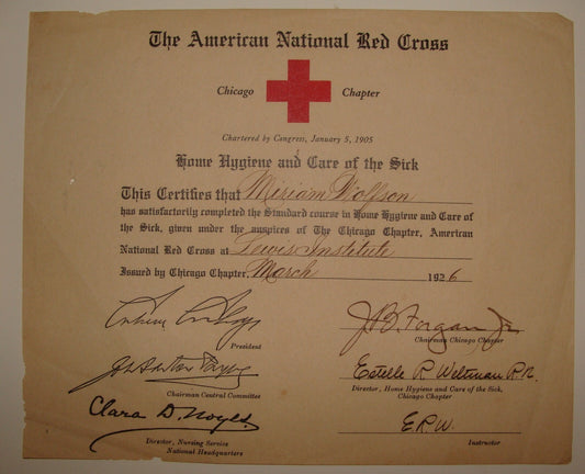 1926 American National Red Cross Certificate Hygiene Course Chicago Chapter