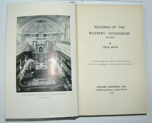 Book Jewish Judaica Records of the Western Synagogue CECIL ROTH London 1932