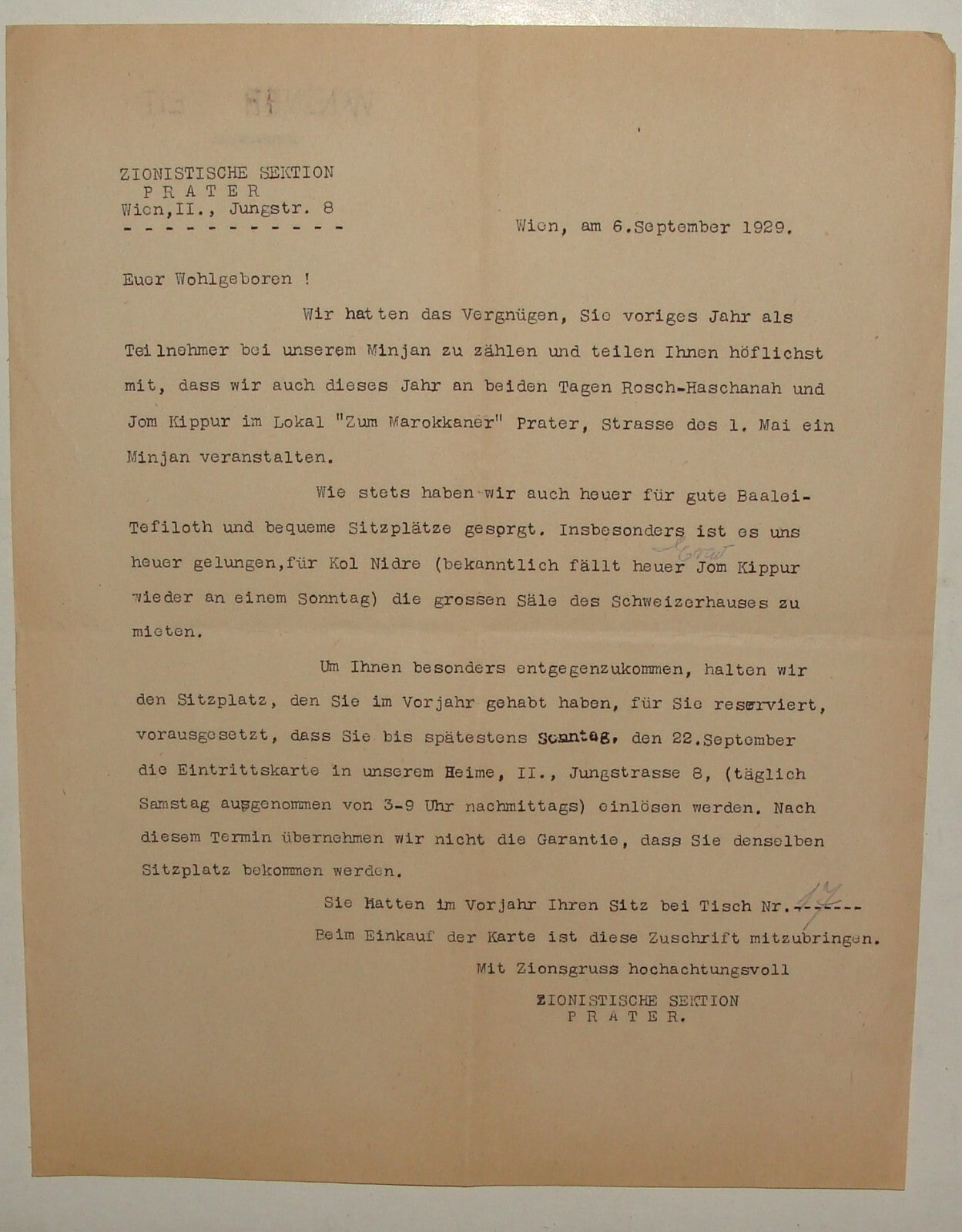 Letter Jewish Judaica 1929 Austria Vienna Religious Zionist Yom Kippur Prayer