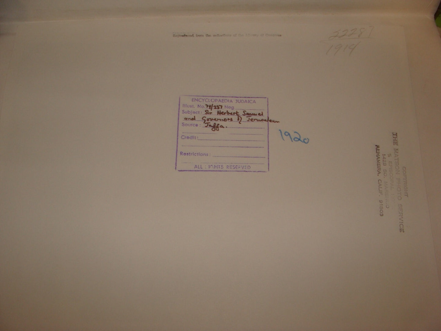 Photo Print Palestine MATSON , 1920 Israel Herbert Samuel Jaffa Tel Aviv