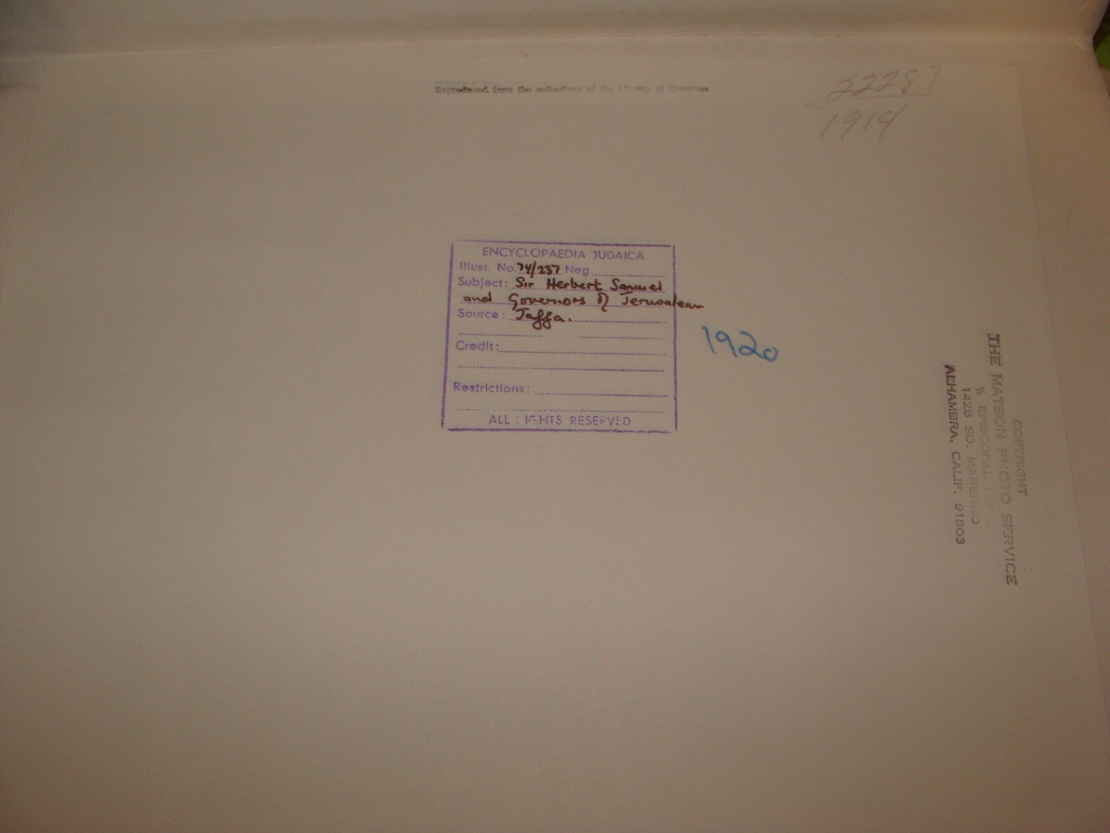 Photo Print Palestine MATSON , 1920 Israel Herbert Samuel Jaffa Tel Aviv