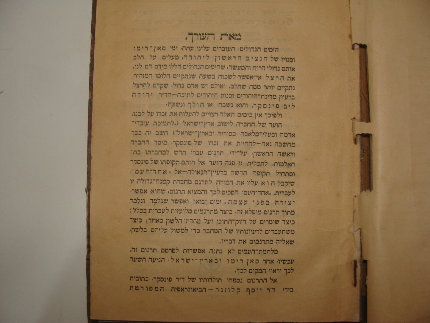 Book Jewish Judaica 1921 Palestine Israel Hebrew Zionist PINSKER By Klausner