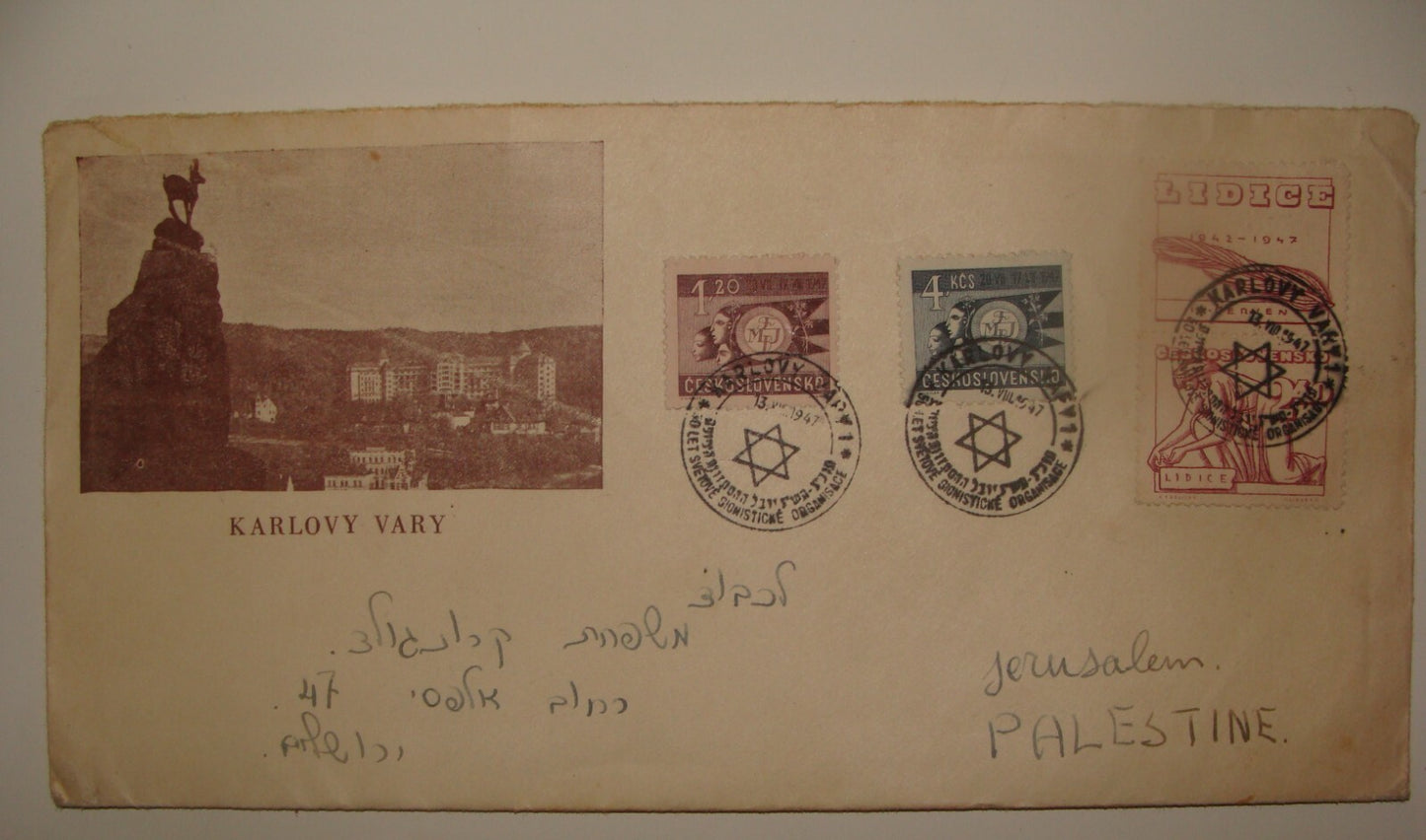 Letter Jewish Judaica 1947 Zionist Delegation Festival Prague Karlsbad Hebrew