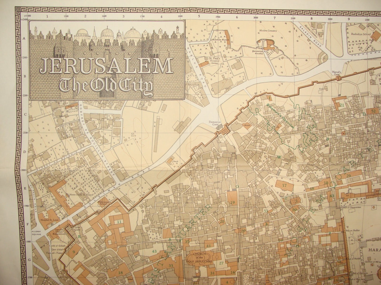 Map Jewish RARE Judaica Israel 1947 JERUSALEM Old City F .J. SALMON Print 1966