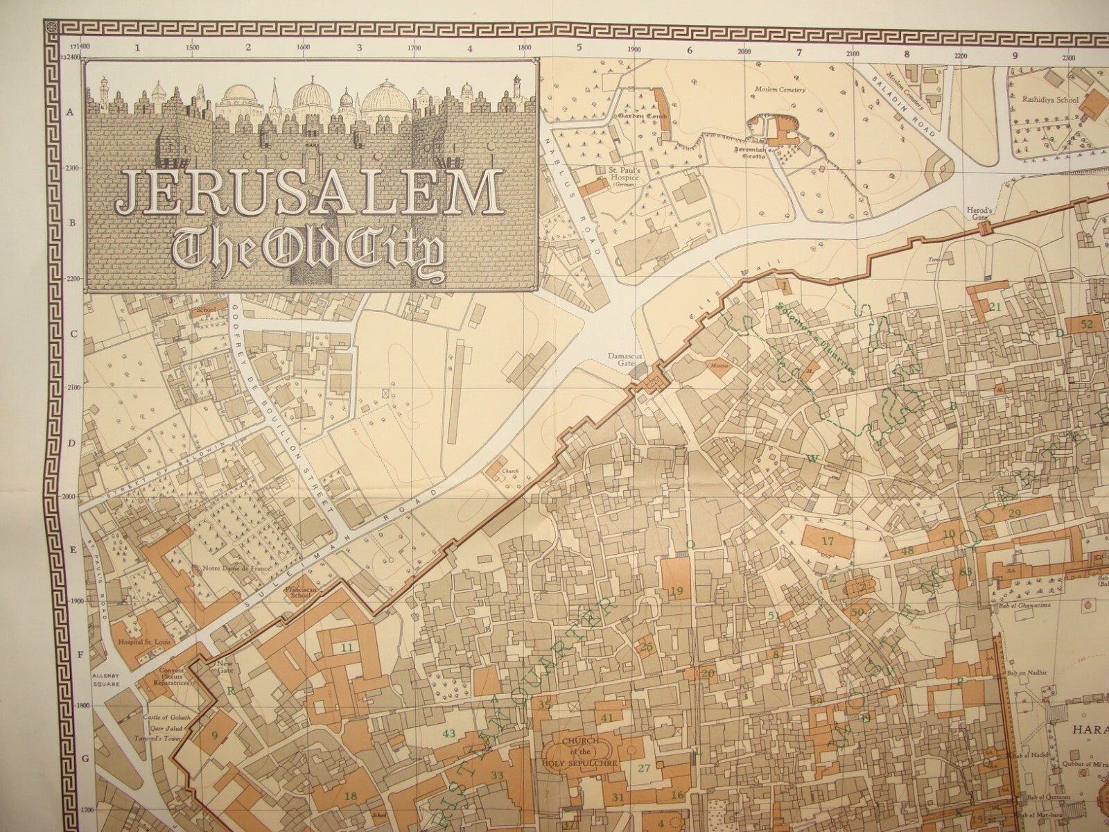 Map Jewish RARE Judaica Israel 1947 JERUSALEM Old City F .J. SALMON Print 1966