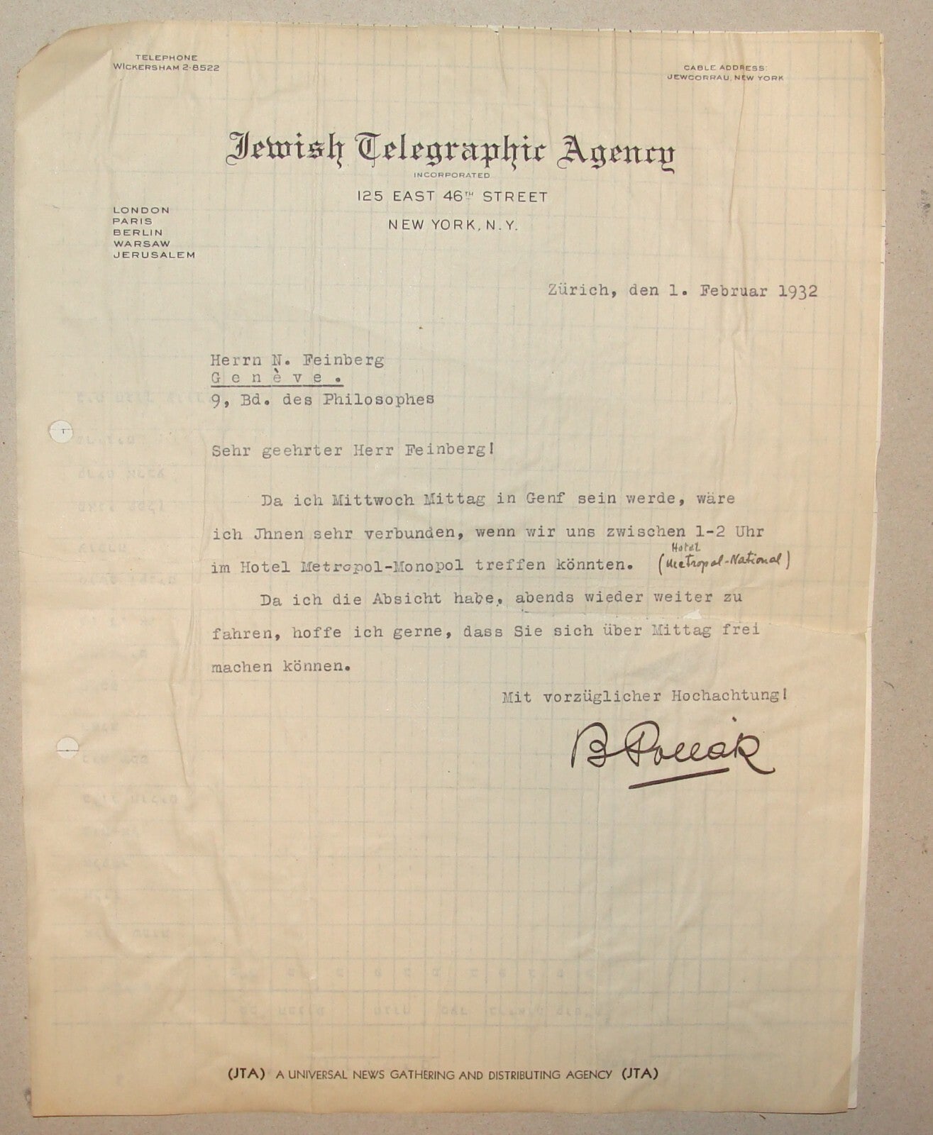 Letter Jewish Zionist 1932 Telegraphic Agency Switzerland Pollack To Feinberg