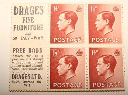 Great Britain King Edward VIII 1936 Stamp Block Advert Drages MNH
