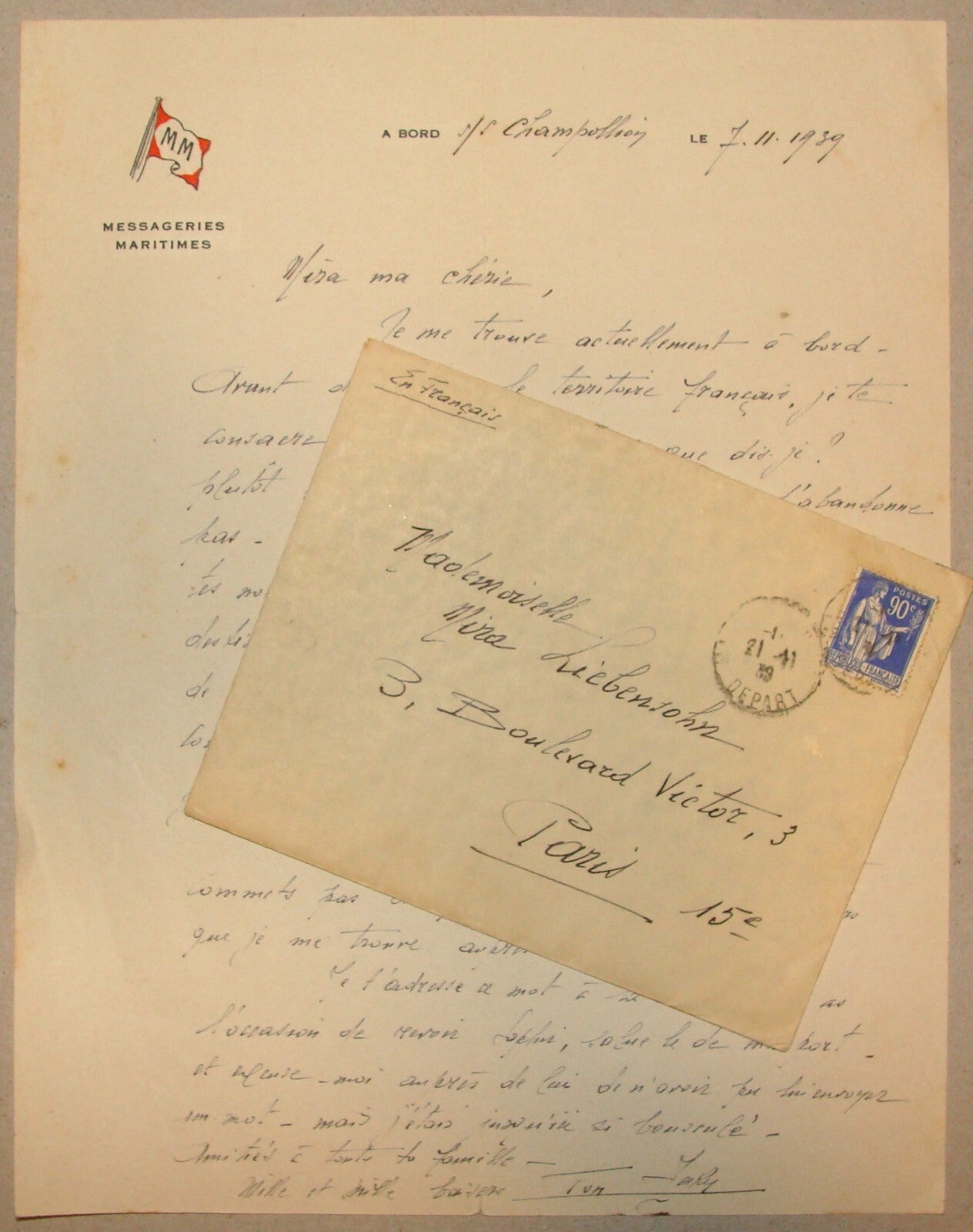 Letter Jewish 1939 WWII Messageries Maritimes Cover Champollion French France