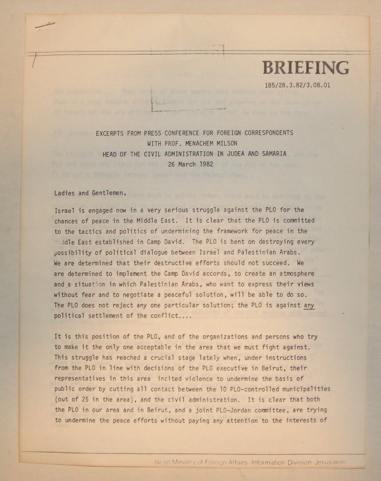 Jewish ISRAEL 1982 Israeli Foreign Affairs Brief Arab West Bank Palestine PLO