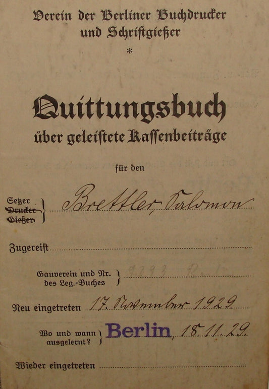 Germany 1920s German   Berlin Book Printers Association Document quittungsbuch