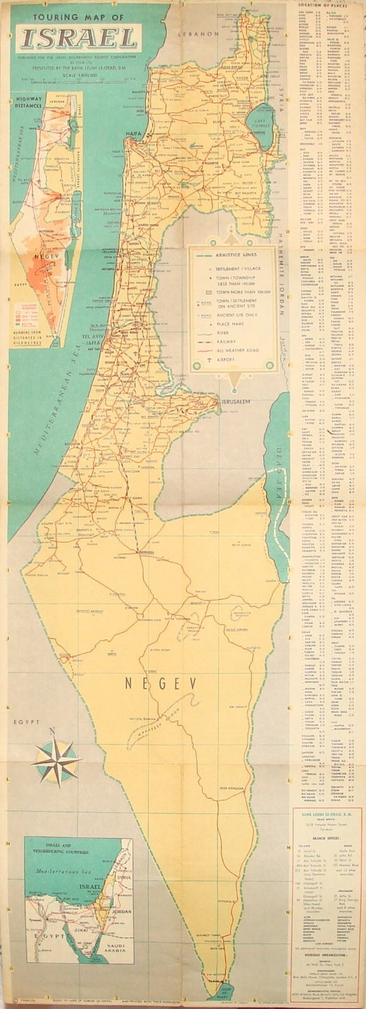 Map Jewish Judaica 1962 Pre Six Day War ISRAEL Israeli Touring Bank Leumi