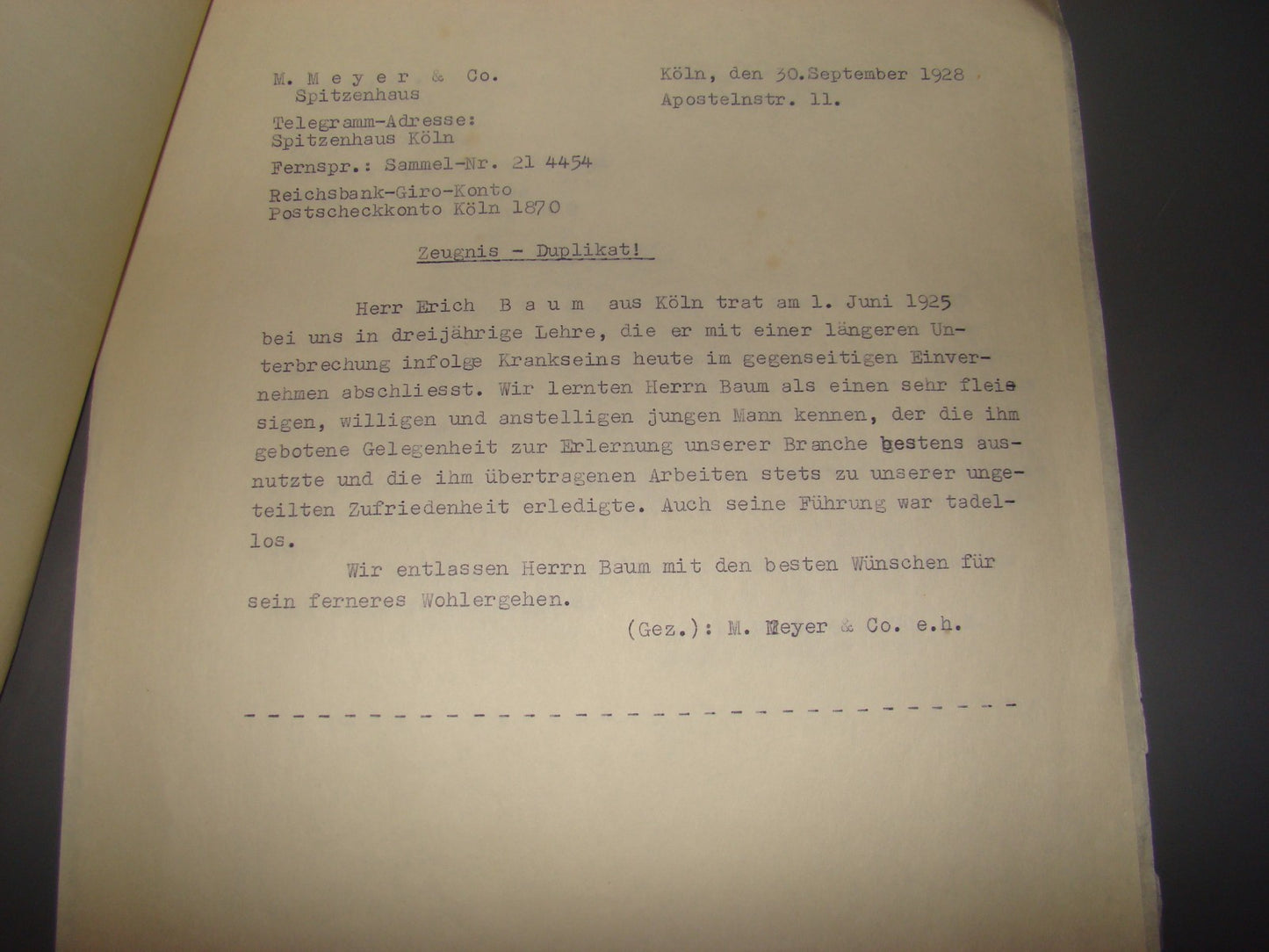 Germany letter Jewish judaica jews signed 1928 gemeinde judische Meyer company