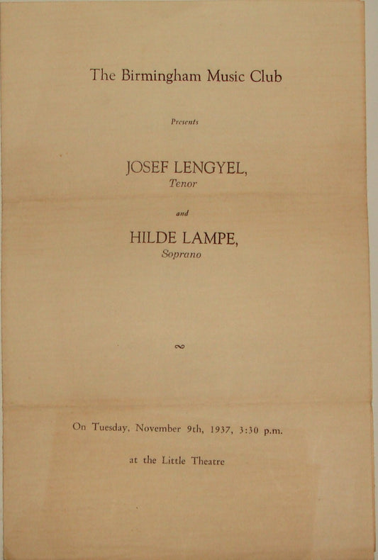 1937 Birmingham Music Club Josef Lengyel Hilde Lampe Program Classical England