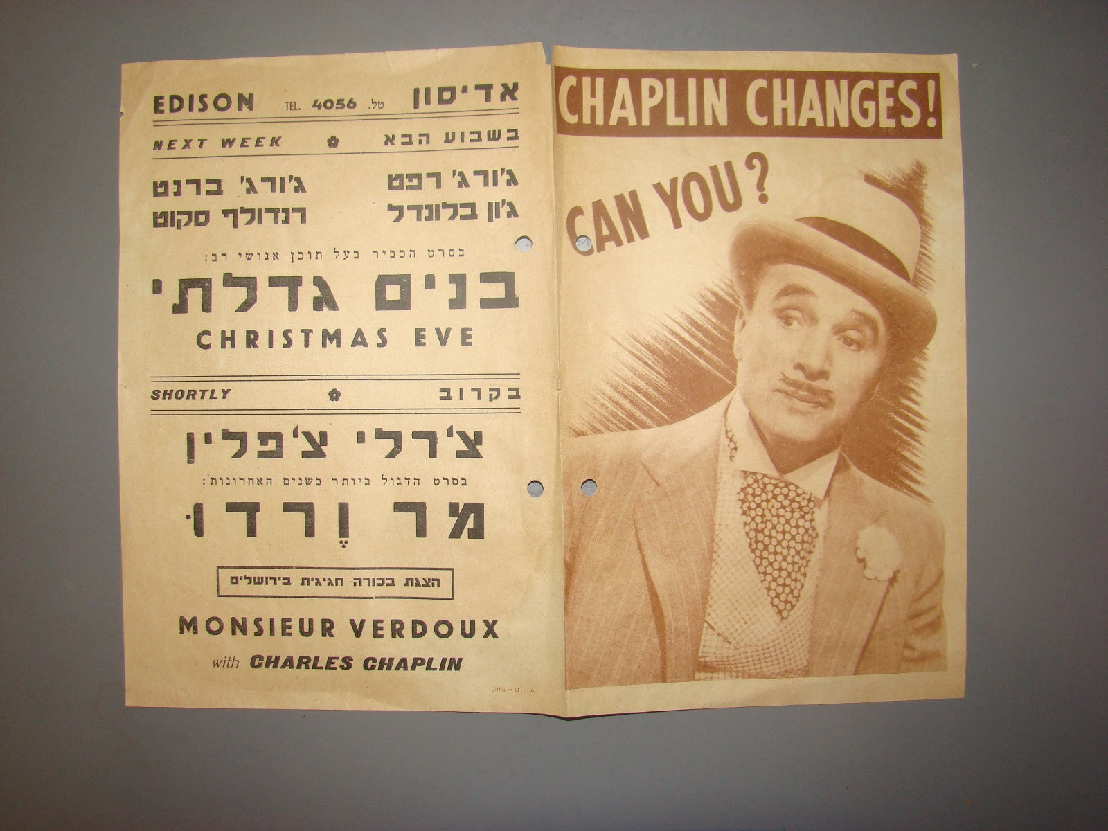 Poster Israel Hebrew Original 1947 Charlie Chaplin Monsieur Verdoux Movie Edison