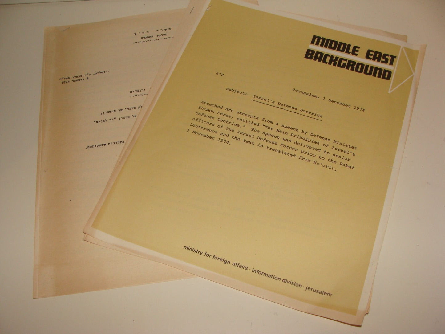 Pol Jewish Israel Israeli Government Foreign Affairs SHIMON PERES Speech 1974