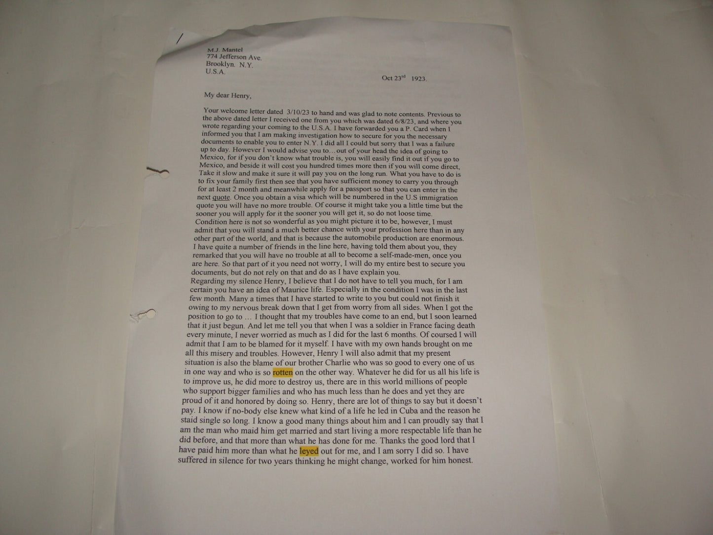 $ Letter Jewish American Judaica 1923 Brooklyn New York MAURICE MANTEL