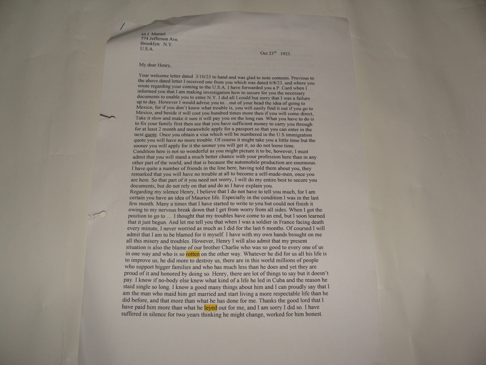 $ Letter Jewish American Judaica 1923 Brooklyn New York MAURICE MANTEL