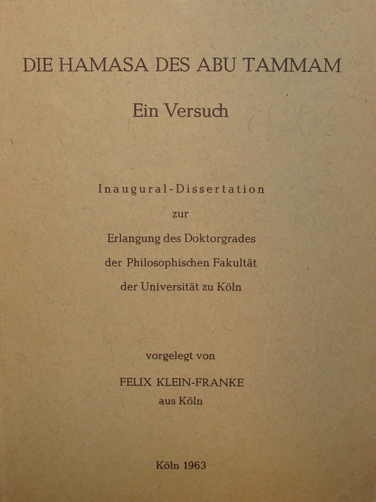 Germany 1963 German Book Abu Tammam Arab Arabic Poet Poetry History Diwan HAMASA