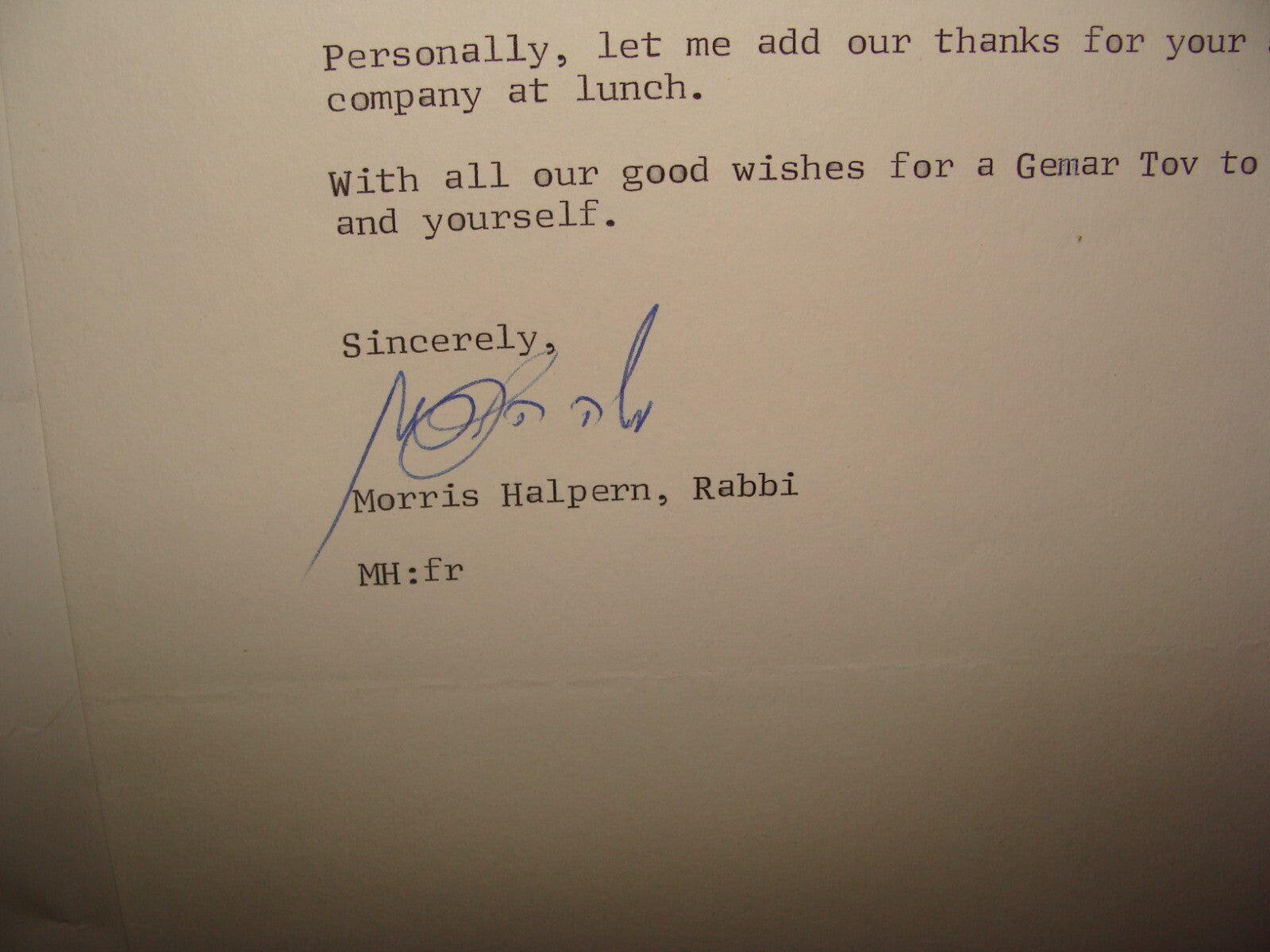 $ Letter Jewish American Judaica Rabbi Morris Halpern Signed Canada Beth Ora