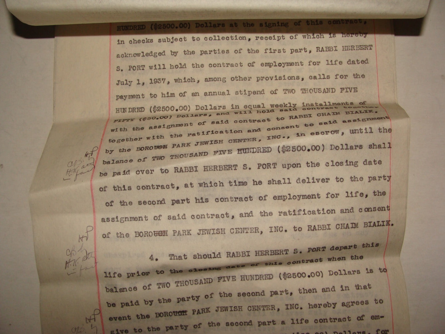 $ American 1942 Boro Park Jewish Center Contract Rabbi Herbert Port Bialik
