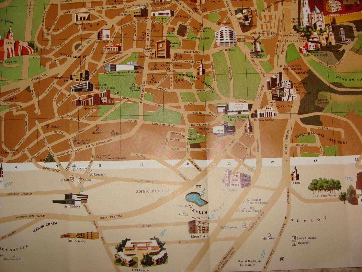 Map Jewish Israel JERUSALEM Pictorial AMIR 1972 BIKUR CHOLIM HOSPITAL Guide Info