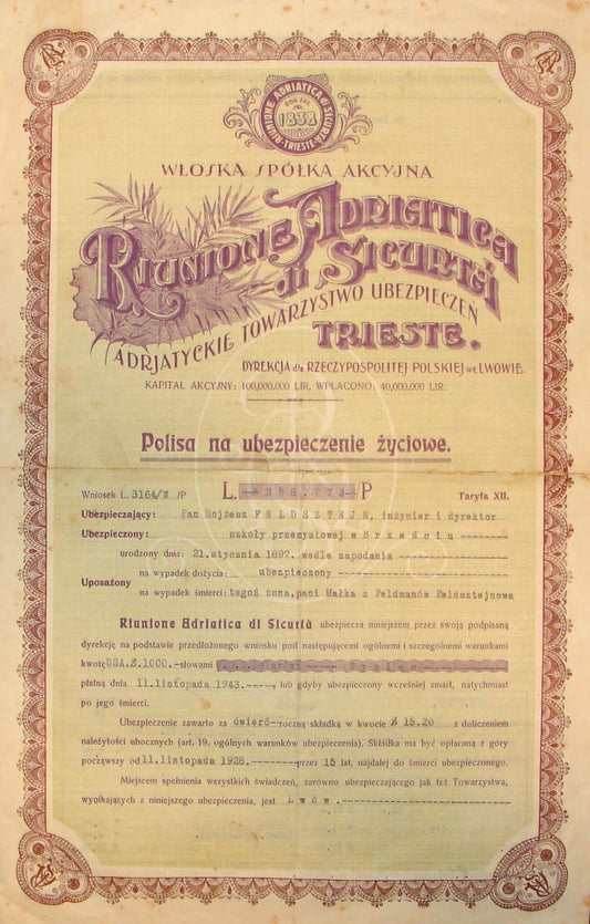 Ad Palestine RIUNIONE ADRIATICA DI SICURTA TRIESTE Insurance Policy 1930s