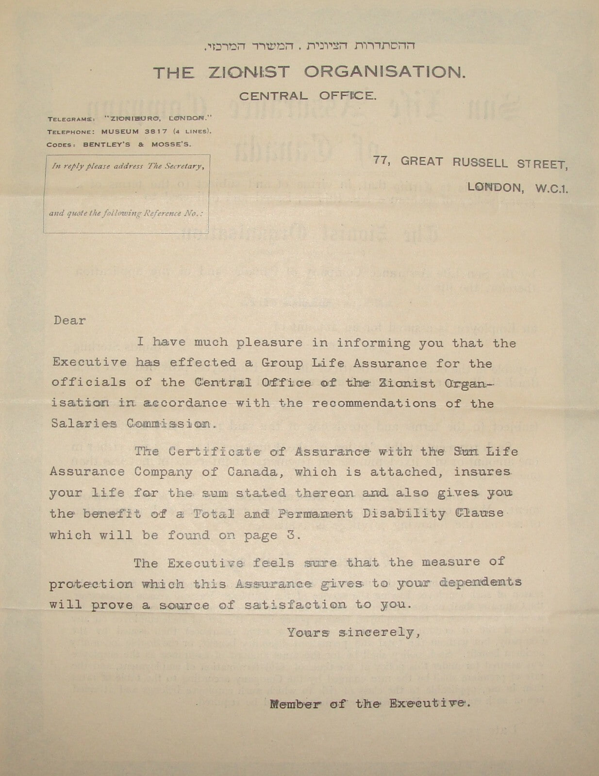 Ad Jewish Sun Life Assurance Company of Canada Zionist Organisation London 1947