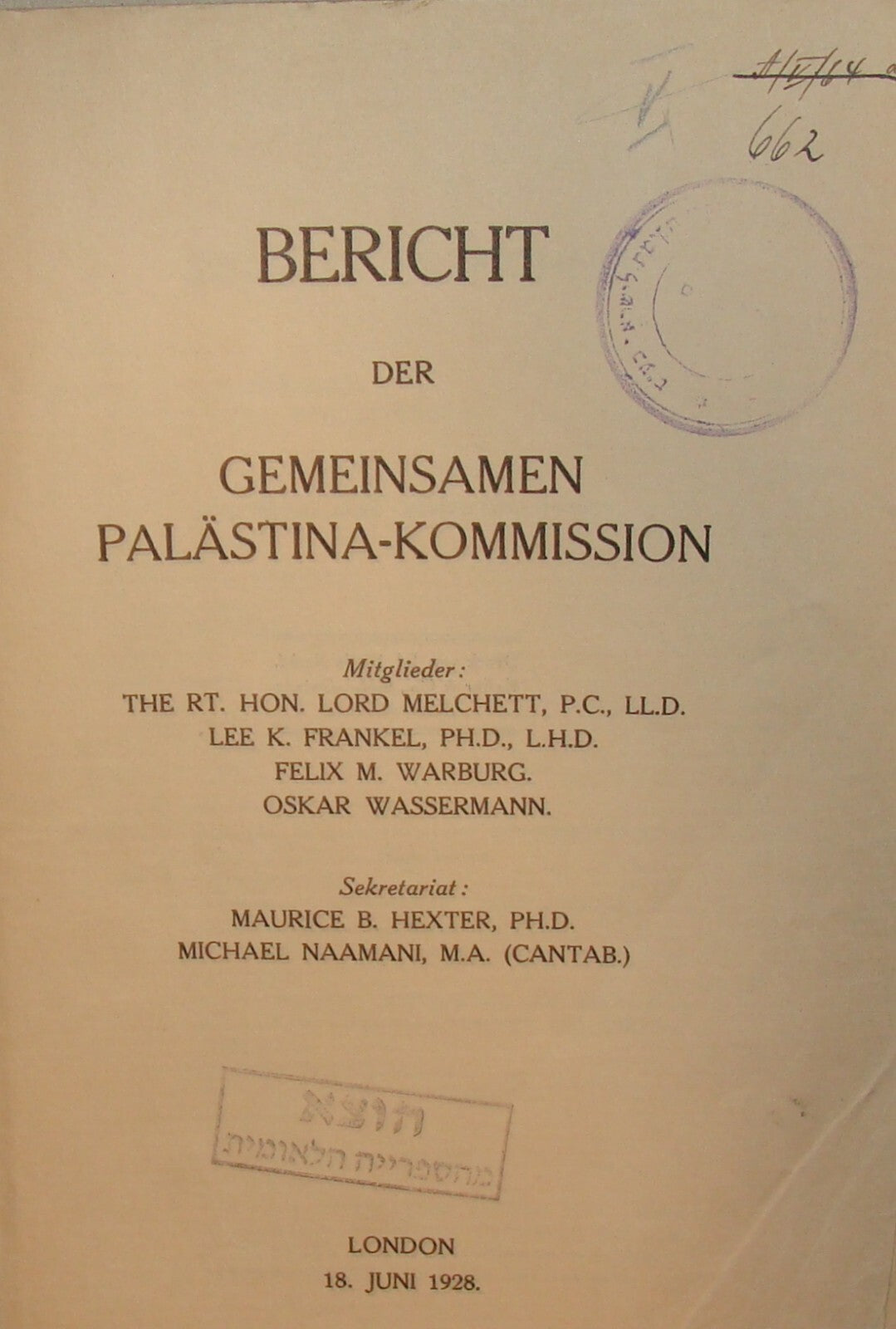 Report Palestine RARE 1928 London Joint Survey Commission German Jewish Zionist
